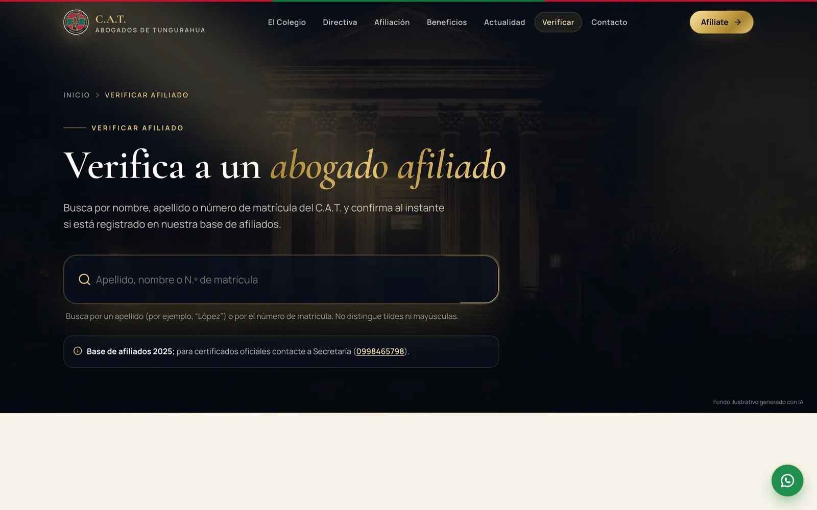 Captura de Colegio de Abogados de Tungurahua: Cualquiera puede verificar a un abogado.