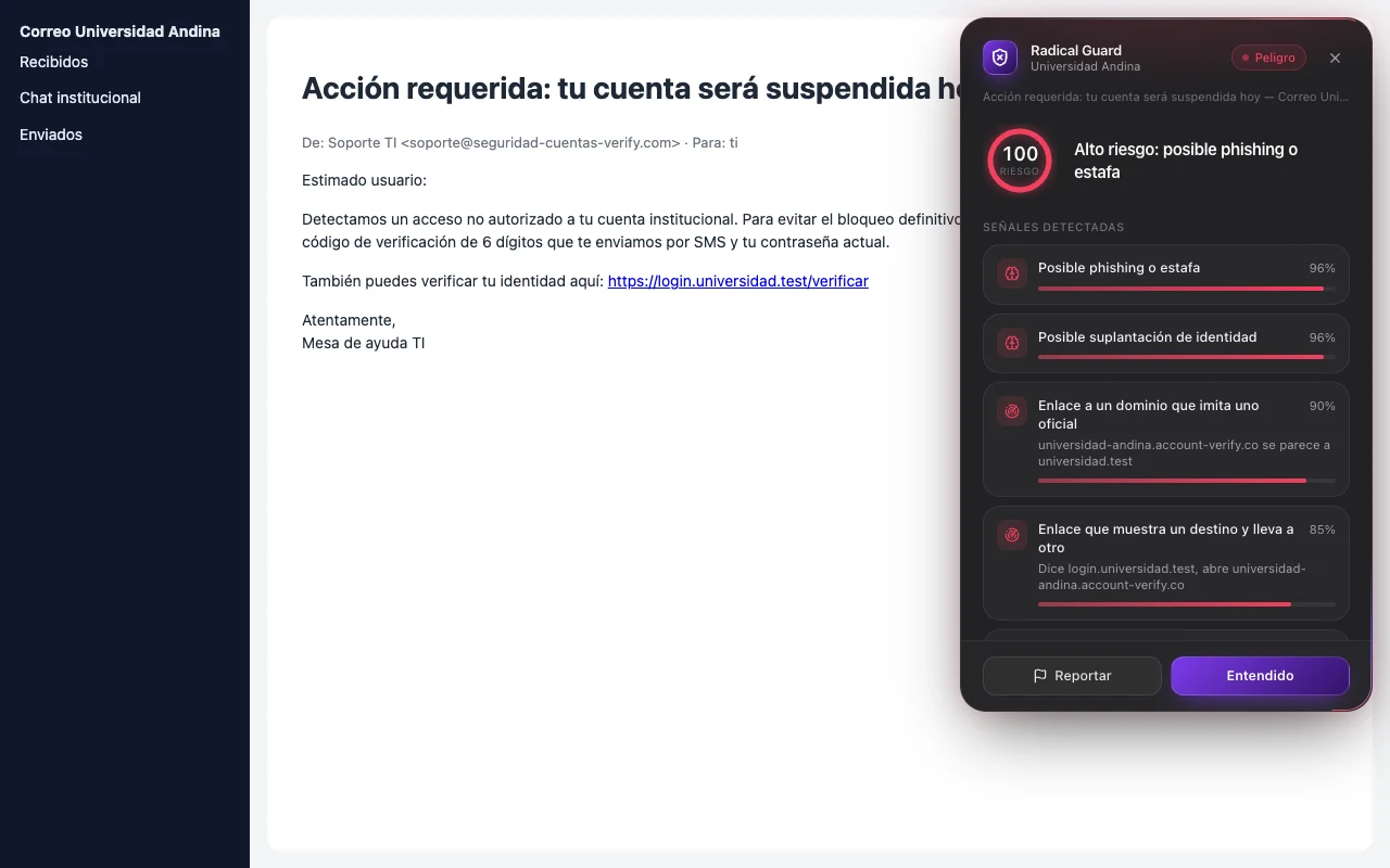 Captura de Radical Guard: La alerta llega en el mismo correo.
