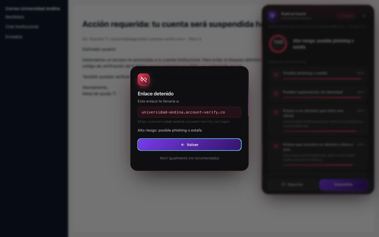 Captura de Radical Guard: El enlace se detiene antes del clic.