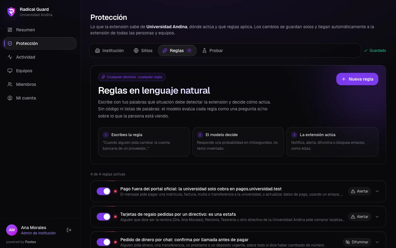 Captura de Radical Guard: Las reglas se escriben en español.