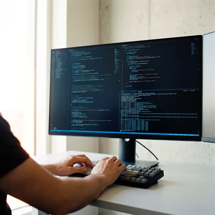 Manos escribiendo código frente a un monitor